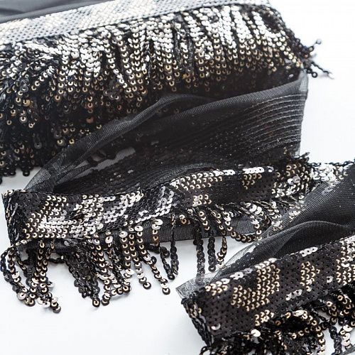 Тесьма декоративная 140 мм с пайетками PA0827 черный/серебро 