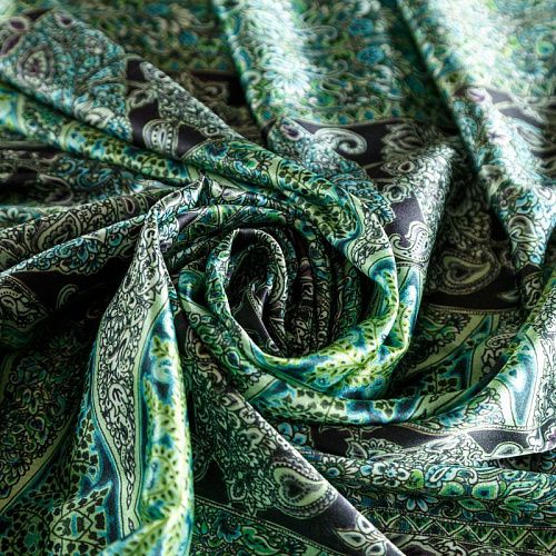 Шелк натуральный К01-0021 зеленый принтованный