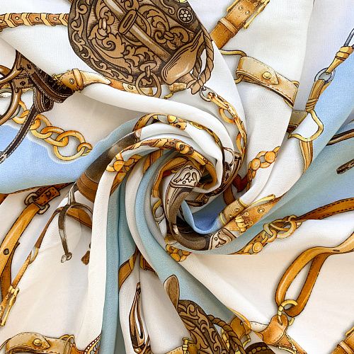 Крепдешин натуральный К32-381 молочно-голубой принтованный