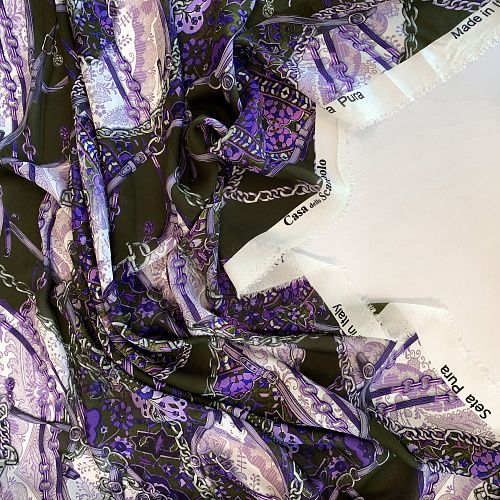 Крепдешин натуральный К32-231 болотно-зеленый принтованный