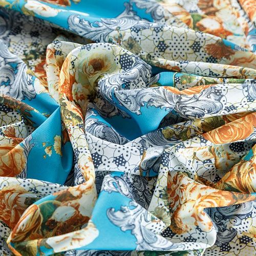 Креп-шифон К07-439 голубой принтованный